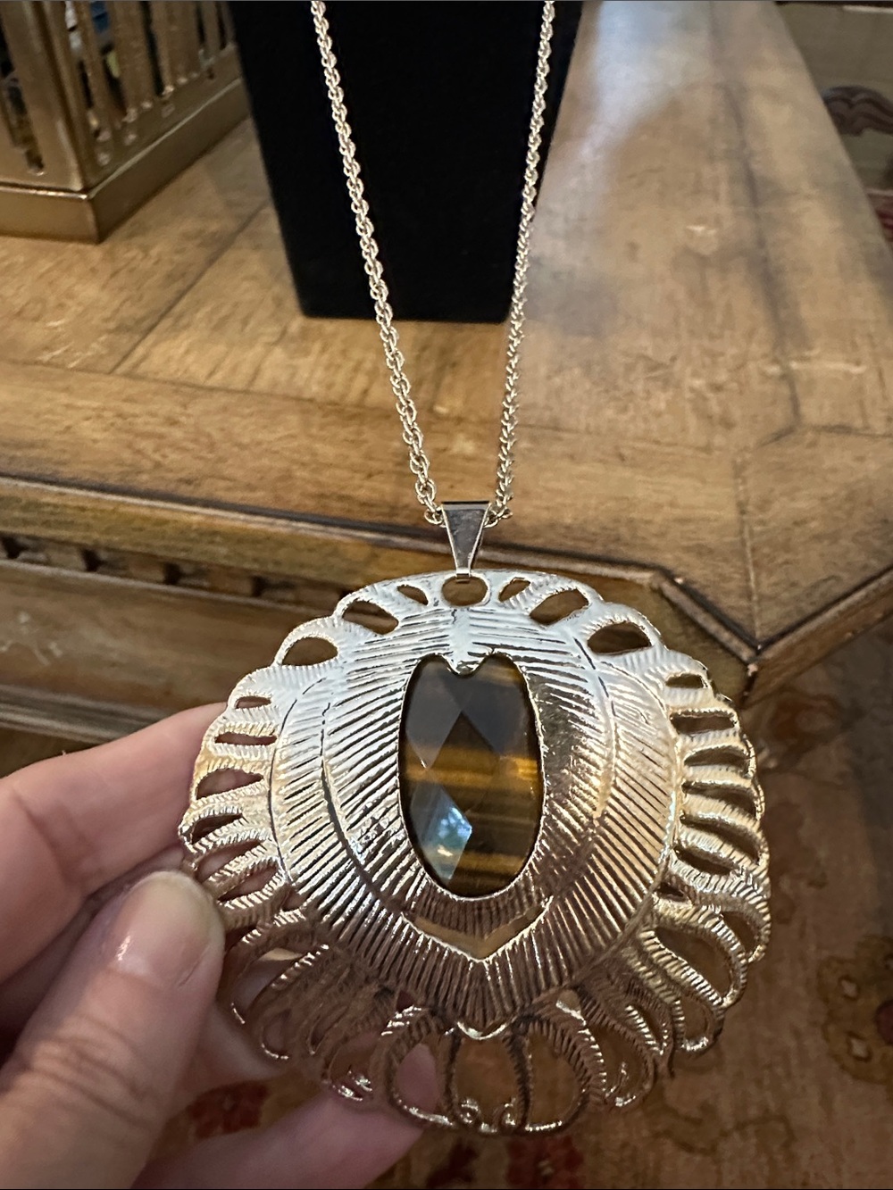 Kendra Scott Silver-Tone Filigree Necklace with Brown Tiger's Eye Cabochon